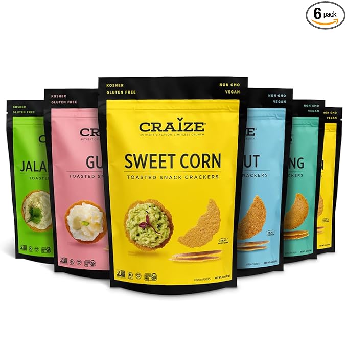 Craize Variety Pack | Sweet Corn x2, Coconut, Guava, Everything, Jalapeno Lime Crisps | Gluten Free, Vegan, Toasted Corn Crackers | 6 pack, 4 oz each