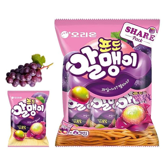 Korean Fruit Jelly Candy – Assorted Chewy Gummy Snacks – 5 Fruity Flavors (Grape, Plum, Lychee, Kiwi, Mango) – Individually Wrapped – Perfect for Kids & Adults – 알맹이젤리 (Grape–1.26oz(36g) × 6pack)