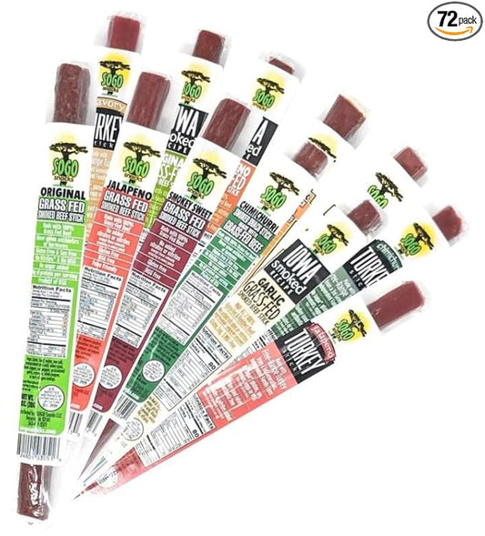 12 Flavor Variety Meat Sticks. No Added Nitrates, Gluten, Soy, MSG, Dairy, Nuts. 8 Grass-fed Beef Flavors, 3 Free-range Turkey Flavors & 1 Natural Pork Flavor (6 of Each, 72-cnt, 1-oz Stick)