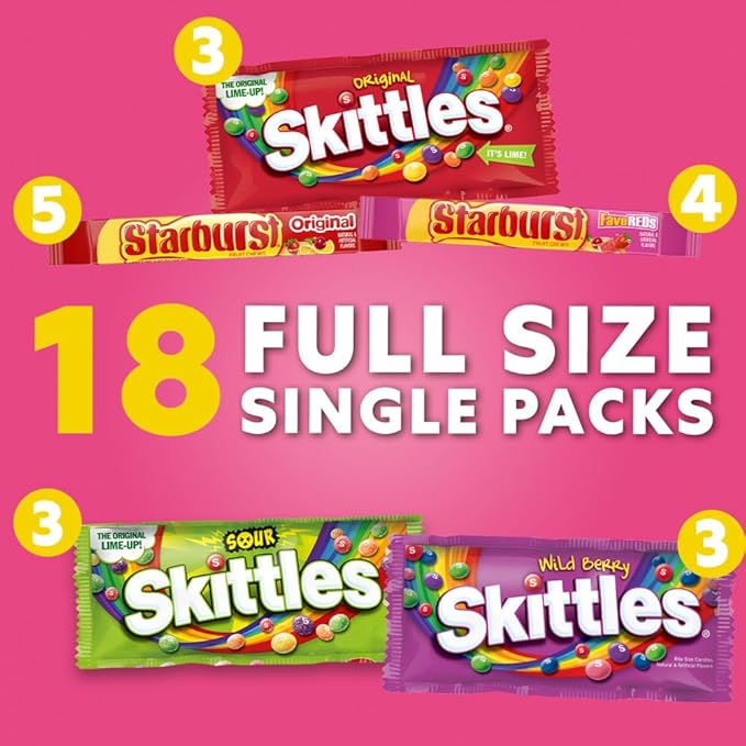 SKITTLES & STARBURST Assorted Candy Variety Pack for Holidays, Gifts, Parties, Candy Assortment, 37.05 oz (18 Count) Bulk Box