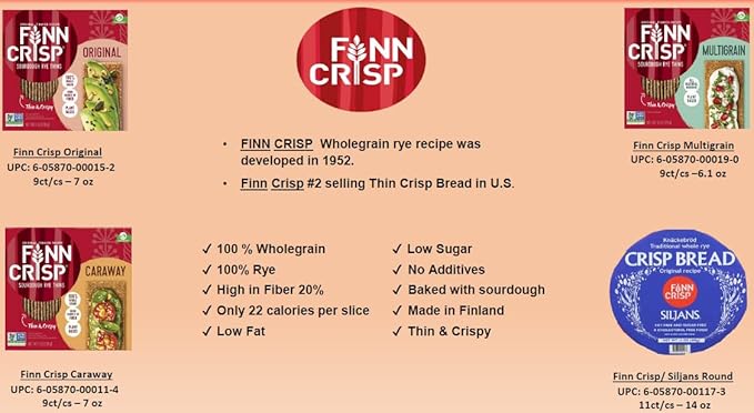 Finn Crisps Rye Crispbread with Caraway 7oz | Thin, Crispy Rye Flatbreads with Caraway | Authentic Finnish Sourdough Crispbread | Caraway Rye Crackers by Finn Crisp [7oz Box]