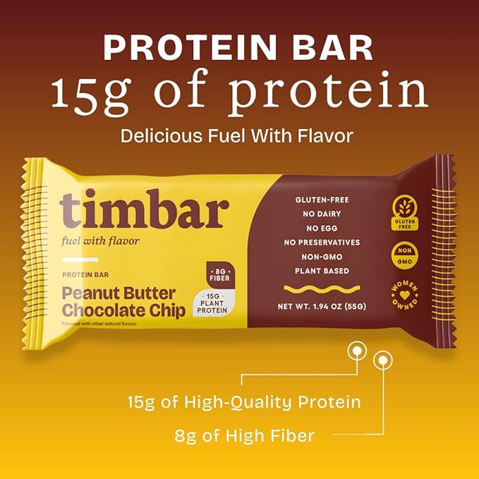 timbar Plant-Based Protein Bars, Peanut Butter Chocolate Chip | 15g Plant Protein, 8g Prebiotic Fiber | Gluten & Dairy Free, Non-GMO, No Sugar Alcohols (Pack of 4)