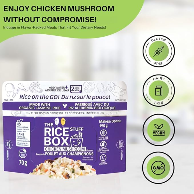 The Rice Stuff Box - Chicken Mushroom Instant Rice Meals, 6-Pack, Organic Jasmine Rice, NON-GMO, Gluten-Free, Vegan, Dairy-Free (Pack of 6)
