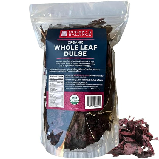 Ocean's Balance Organic Whole Leaf Dulse – Maine Coast Vegetables for Keto, Paleo Diet, & Vegan Diets – Sweet Seaweed Gluten Free Products (8oz Bag)