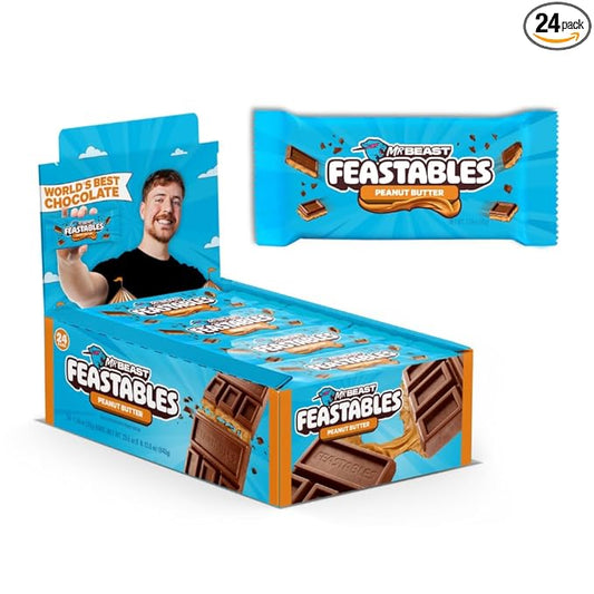 Feastables MrBeast Peanut Butter Milk Chocolate Chocolate Bar, Full Size Bar for Adults & Kids, Candy Bars, Snacks, Gifts, & Dessert, Fairtrade Cocoa, 1.24 Oz Each, 24 Count