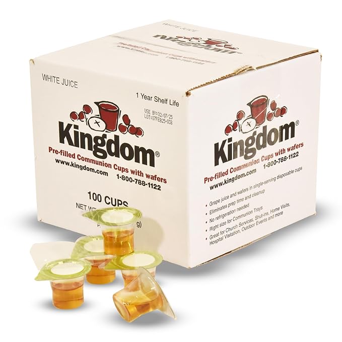 Kingdom Prefilled Communion Cup with Wafers(100 ct - white juice) Sealed in a Single-Serving Container with Upto 1-Year Shelf Life, Perfect for Holy Eucharist Celebration in Hospitals, Summer Camps, and More!