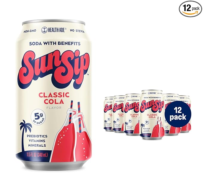 SunSip Prebiotic Soda by Health-Ade, Gut-Healthy Beverage, Soda Swap, Vitamins & Minerals, Naturally Sweetened with 6g of Sugar, Classic Cola, 11.5 oz (12 Pack)