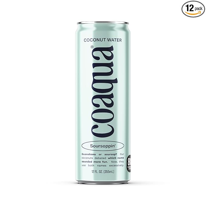 Coaqua Soursoppin’ Coconut Water (12 Pack), Refreshing Electrolyte Drink for Hydration & Wellness – Zero Fat, Gluten-Free, Coconut Water with Soursop Juice - 12 fl oz Cans