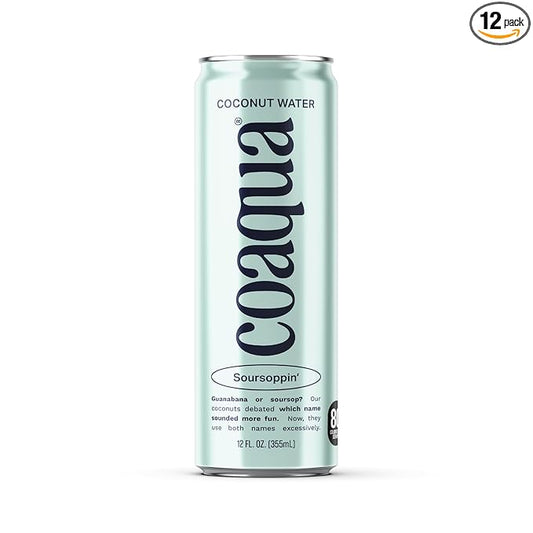 Coaqua Soursoppin’ Coconut Water (12 Pack), Refreshing Electrolyte Drink for Hydration & Wellness – Zero Fat, Gluten-Free, Coconut Water with Soursop Juice - 12 fl oz Cans