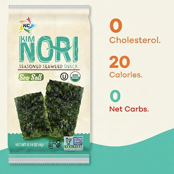 KIMNORI Seasoned Seaweed Snacks Sheets – Organic Sea Salt Flavor, 12 Individual Packs, Roasted Crispy Premium 100% Natural Laver Kim Nori, 4g 0.14 Ounce