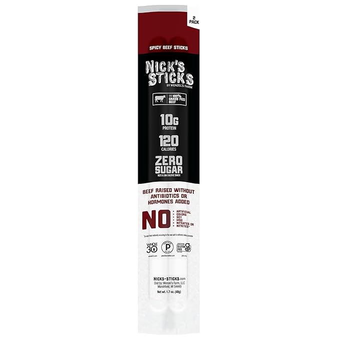 Nick's Sticks Clean & Balanced 100% Grass-Fed Spicy Beef Snack Sticks | Made in the USA | Gluten Free | Paleo, Keto, Whole30 Approved | No Soy, Antibiotics or Hormones (12 – 1.7oz. Packages of 2 Sticks)