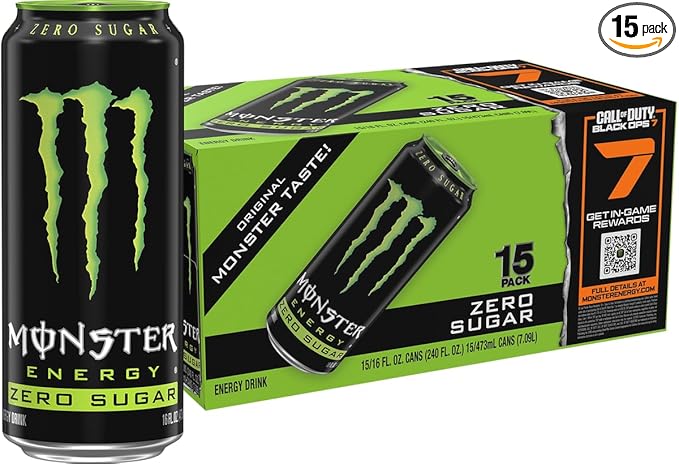 Monster Energy Zero Sugar, Green, Original, Low Calorie Energy Drink, 16 Ounce (Pack of 15)