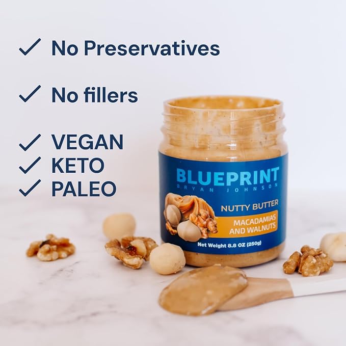 Blueprint Bryan Johnson Nutty Butter – Chunky Macadamia Nut Butter with Walnut – No Palm Oil, No Added Sugar – Just 3 Ingredients – Keto, Vegan, Paleo – Low Carb Nut Butter Snack – 8.8oz Jar