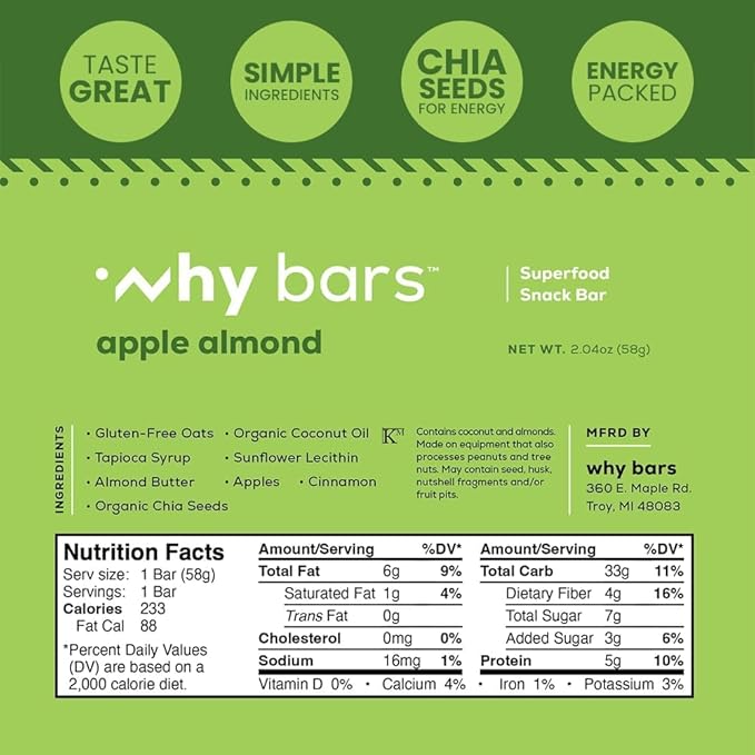 Why Bars, Superfood Protein Bars, 2.04 Ounce Bars - Protein Bar Superfood, Gluten Free, Non GMO, Organic, Vegan, Simple Ingredients (Apple Almond)