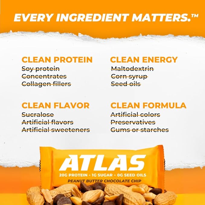 Atlas Real Food Protein Bar – 20g Clean Protein, 1g Sugar, No Seed Oils, No Artificial Sweeteners (Peanut Butter Chocolate Chip, 24 Count)