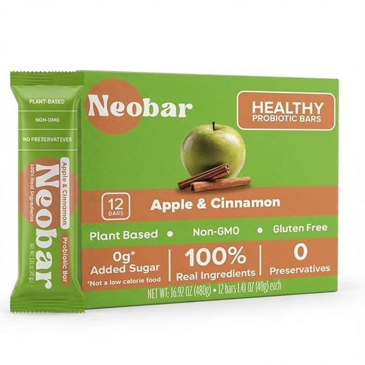 NEOBAR Fruit and Nut Bars - Plant-Based Vegan Snack Bars, Gluten Free Dairy Free Snacks, No Added Sugar, Probiotic, No Preservatives, Non-GMO | Apple & Cinnamon,12 Count