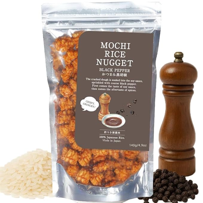 Mochi Rice Nuggets – Japanese Rice Crackers, Rice Crispy Treats, Japanese Snacks, No MSG, No Artificial Colors or Preservatives, Made in Japan, arare rice crackers, Beer snacks, Black pepper flavor 4.9oz (140g)