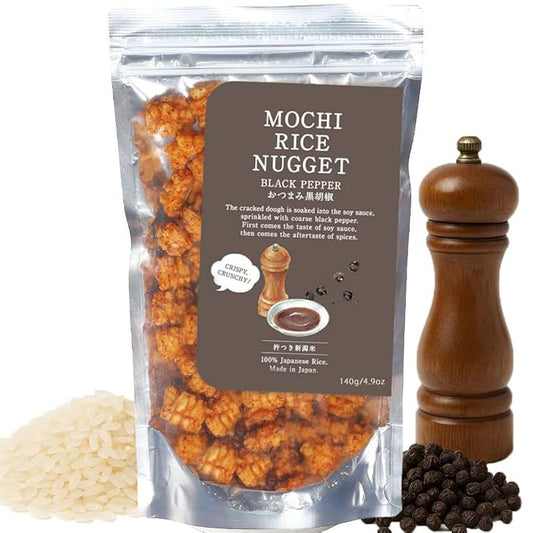 Mochi Rice Nuggets – Japanese Rice Crackers, Rice Crispy Treats, Japanese Snacks, No MSG, No Artificial Colors or Preservatives, Made in Japan, arare rice crackers, Beer snacks, Black pepper flavor 4.9oz (140g)