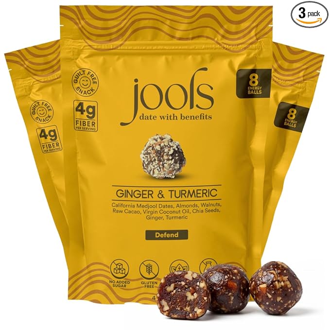 Jools Healthy Snacks for Adults | Functional Energy Bites, Plant-Based Superfood Snack Made with Medjool Dates, Ginger & Turmeric | No Added Sugar, Non-GMO, Gluten Free, Soy Free, Kosher, Vegan | 3 × 4oz Pouches