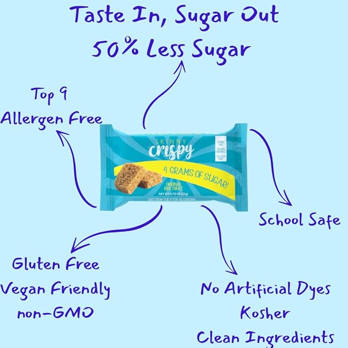 Skinny Crispy Original Vanilla Rice Treats – Low Sugar (4g), Vegan, Gluten-Free, Dairy-Free, Non-GMO, Top 9 Allergen-Free, Healthy Snack Bars, 12 Count
