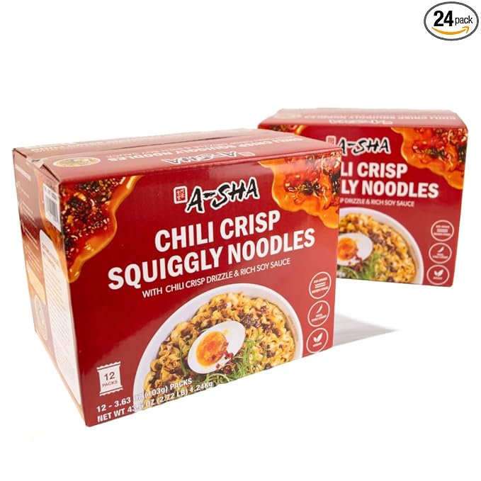 A-Sha Squiggly Noodle with Chili Crisp Drizzle and Rich Soy Sauce (24 Packs) | 11g of Protein | Premium Air Dried Never Fried Noodles