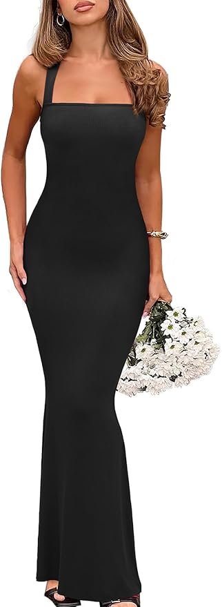 REORIA Sexy Square Neck Sleeveless Elegant Ribbded Long Maxi Dress Wedding Guest Dresses for Women 2026 Summer