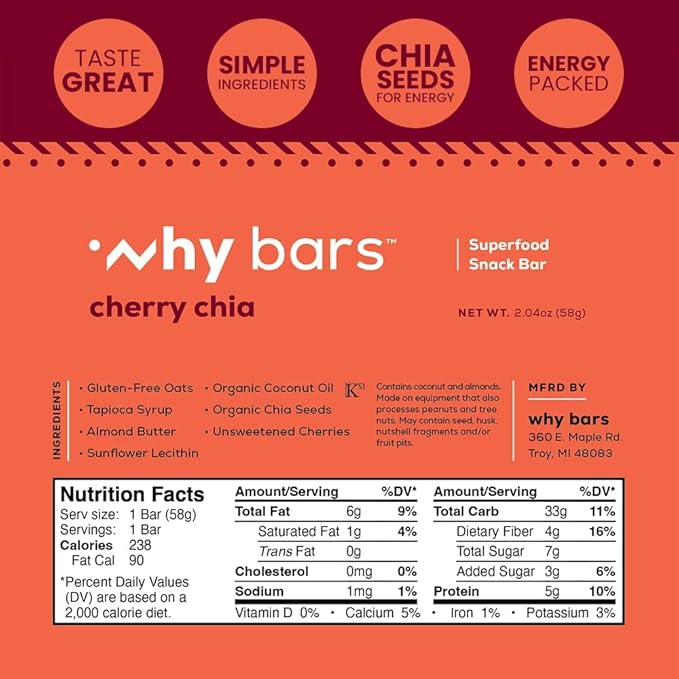 Why Bars, Superfood Protein Bars, 2.04 Ounce Bars - Protein Bar Superfood, Gluten Free, Non GMO, Organic, Vegan, Simple Ingredients (Cherry Chia)