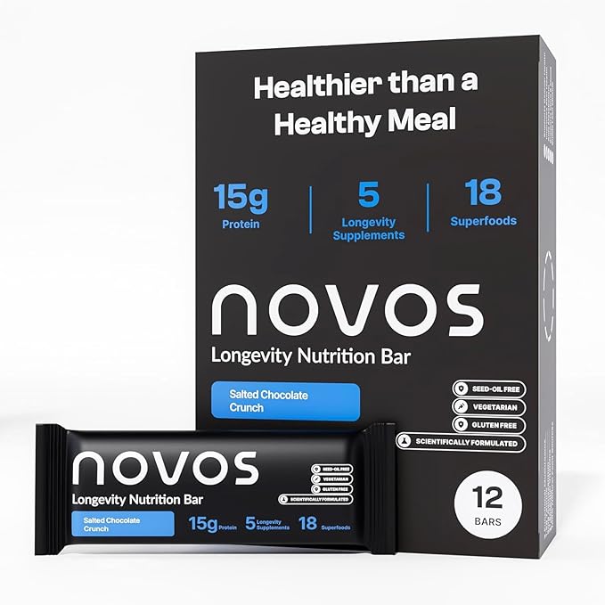 Novos Longevity Meal Bar - Salted Chocolate Crunch - 15g Protein Bar, 5 Longevity supplements, 20 Superfoods, Seed Oil Free, Targets Causes of Aging, Skin, Mind and Mood Support, Vegetarian, 12-Pack