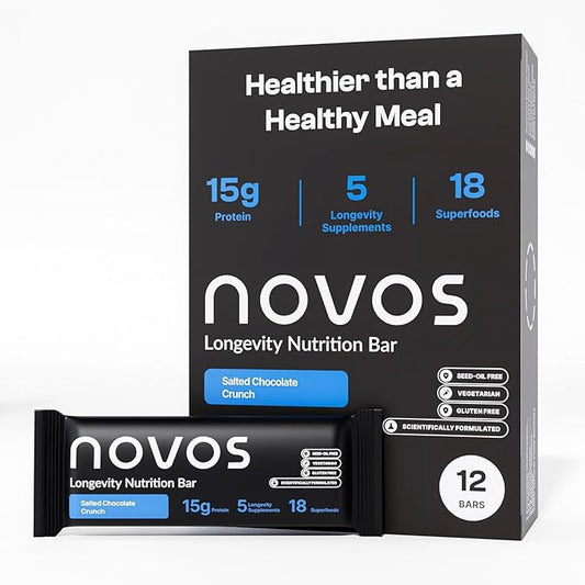Novos Longevity Meal Bar - Salted Chocolate Crunch - 15g Protein Bar, 5 Longevity supplements, 20 Superfoods, Seed Oil Free, Targets Causes of Aging, Skin, Mind and Mood Support, Vegetarian, 12-Pack