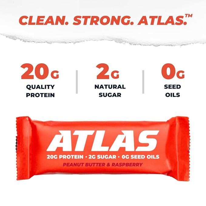 Atlas Real Food Protein Bar – 20g Clean Protein, 2g Sugar, No Seed Oils, No Artificial Sweeteners (Peanut Butter Raspberry, 12 Count)