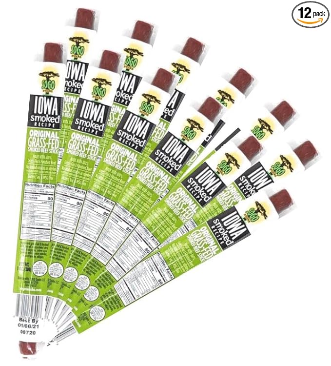 Original - Iowa Smoked Recipe, Sogo Snacks, Sugar Free Beef Jerky, Non-GMO Grass Fed Beef Sticks. No Nitrates, Gluten, Soy, MSG, Dairy, or Nuts. Paleo, Whole30, & Keto Snack (Original-ISR, 12 Cnt)