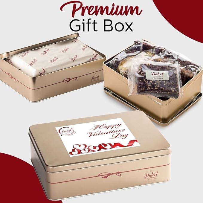 Dulcet Gift Baskets Valentines Day Chocolate Fudge Brownie Assortment Gift Tin Delicious, Baked Snacks Chocolate Cheese Walnut Fudge Chocolate Chip Blondie Great Valentines Gift for Women Wife Girlfriend Boyfriend Mom Friend