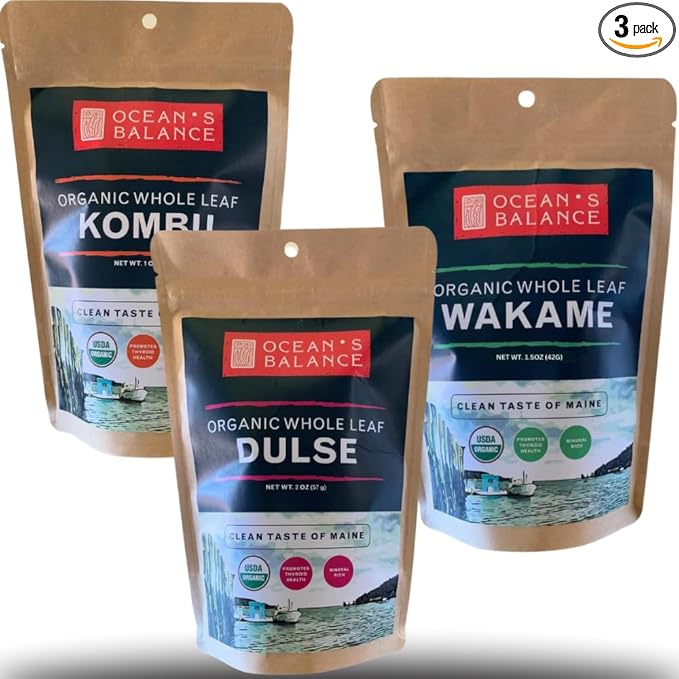 Ocean's Balance Organic Whole Leaf Seaweed Combo Pack (1 Oz Kombu + 1,5 Wakame + 2oz Dulse) - Maine Coast Seaweed - Perfect for Keto, Paleo, Vegetarian and Vegan Diets - Atlantic Coast Sea Vegetables