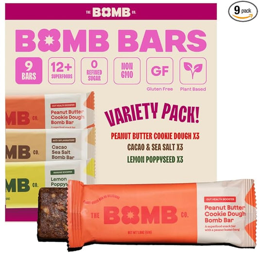 The Bomb Co. Bomb Bars Variety Pack, Healthy Snacks, Plant Based Bars With Superfood & Super Seeds, On the Go Snack & Breakfast Bar, Energy Support, Gluten Free, Non GMO, Dairy Free