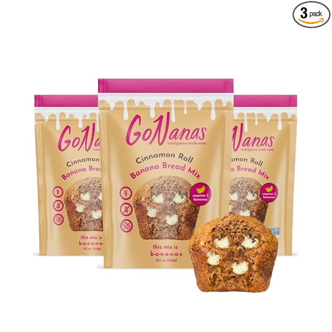 GoNanas Cinnamon Roll Banana Bread Mix, Vegan, Gluten Free Healthy Snacks. Oat Flour Bread or Muffin Mix. Women Owned, US Ingredients, Dairy Free, Nut Free, Delicious Snacks (3 Pack)