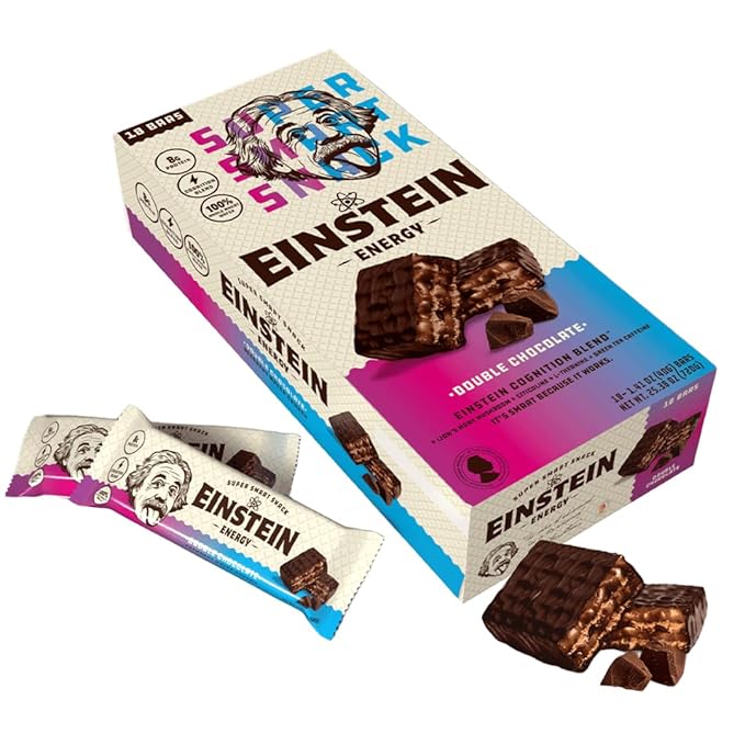Einstein Energy Smart Snack Bars - Double Chocolate Healthy Snacks Protein, Real Milk Chocolate, Lion's Mane, Green Tea Extract, Caffeine, Citicoline, & L-Theanine, 100% Whole Wheat Wafer - 18 ct
