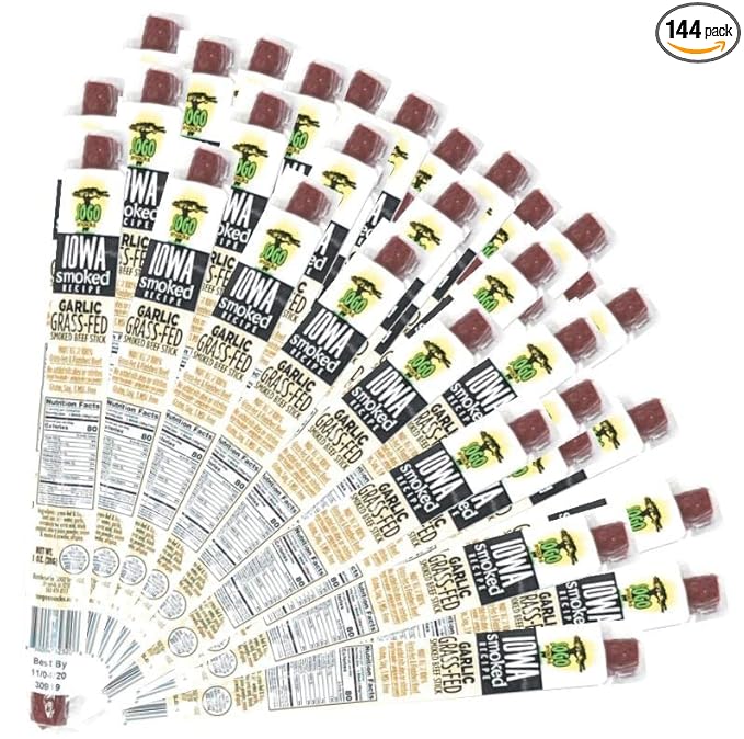 Garlic, Sogo Snacks, Sugar Free Beef Jerky, Non-GMO Grass-fed Beef Sticks. No Nitrates, Gluten, Soy, MSG, Dairy, or Nuts. Paleo, Whole30, & Keto Snack (Garlic-ISR, 1-oz, 144 Cnt)