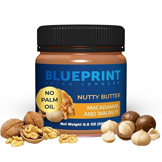 Blueprint Bryan Johnson Nutty Butter – Chunky Macadamia Nut Butter with Walnut – No Palm Oil, No Added Sugar – Just 3 Ingredients – Keto, Vegan, Paleo – Low Carb Nut Butter Snack – 8.8oz Jar