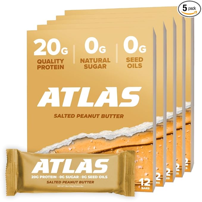 Atlas Real Food Protein Bar – 20g Clean Protein, 0g Sugar, No Seed Oils, No Artificial Sweeteners (Salted Peanut Butter, 60 Count)