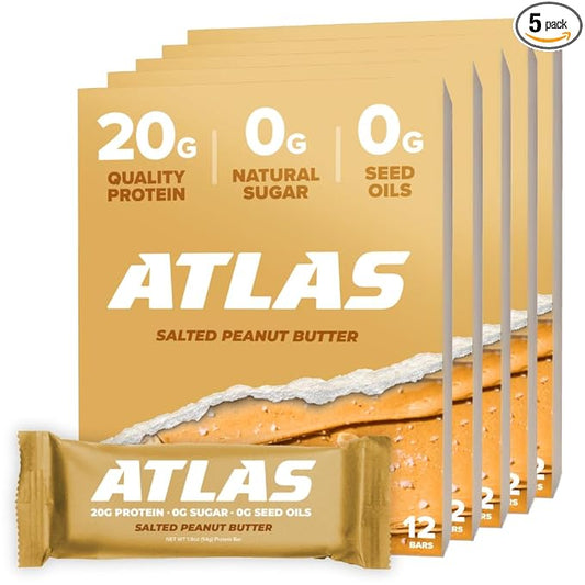 Atlas Real Food Protein Bar – 20g Clean Protein, 0g Sugar, No Seed Oils, No Artificial Sweeteners (Salted Peanut Butter, 60 Count)