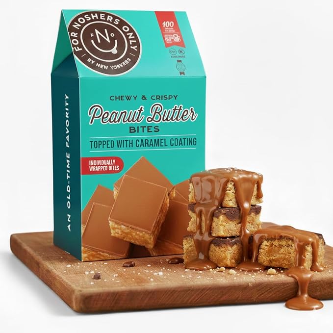 For Noshers Only Peanut Butter Bites - Gluten-Free, Vegan, Kosher Snacks - Coated, Healthy Snack Bites - Whole Grain Brown Rice - No Artificial Ingredients - Individually Wrapped, Low-Calorie - Pack of 8, Caramal