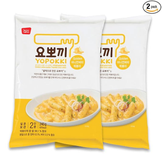 Yopokki Instant Tteokbokki Rice Cakes Korean, Onion Butter Topokki Pack - Great with Cheese and Ramen Noodles, Korean Snacks for College Dorm, Korean Food Meal Kit, Pack of 2