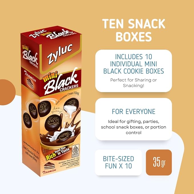 Zyluc Mini Black Crackers – Tiramisu Flavored Snack with Coffee Cocoa Blend – 35g Portable Pack – Light Crunch, Halal Certified, Made with Non-GMO Ingredients – Product of Indonesia – Pack of 10
