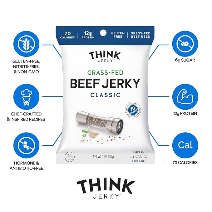 Think Jerky Classic Beef Jerky, Grass-Fed High Protein Beef, Gluten Free, No Antibiotics or Nitrates, Healthy Chef Crafted Recipe, Low Calorie and Low Fat - 1.0 oz Bags, 8 Pack