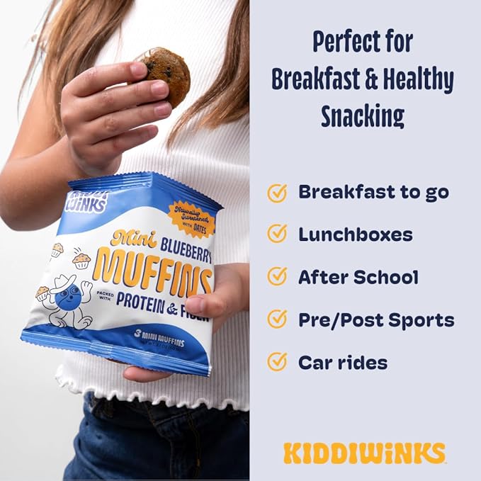 Kiddiwinks High Protein and Fiber Mini Muffins for Kids - Blueberry, 8g Protein, 6g Prebiotic Fiber for Gut Health, No Added Sugar, No Nuts, No Seed Oil, Healthy Snacks and Breakfast To Go (8 pack)