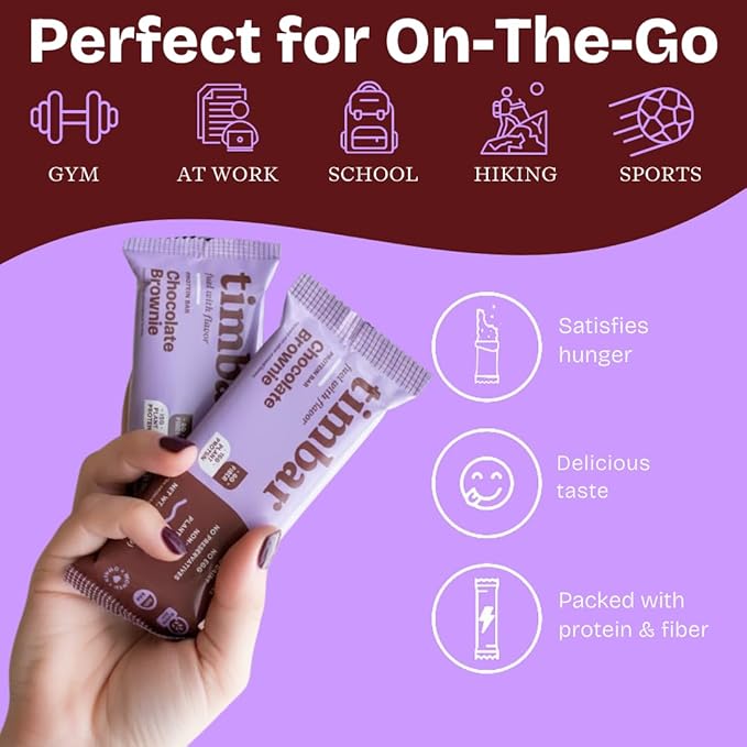timbar Plant-Based Protein Bars, Chocolate Brownie | 14g Plant Protein, 8g Prebiotic Fiber | Gluten, Dairy & Egg Free, Non-GMO, No Sugar Alcohols (4 Pack)