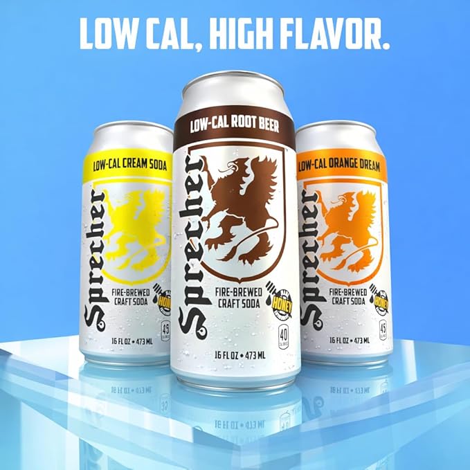 Sprecher Low-Cal Cream Soda 16 fl oz Cans (12 Pack), Fire-Brewed Craft Diet Soda with Real Honey, Handcrafted Reduced Calorie Cream Soda, Caffeine-Free Gourmet Beverage