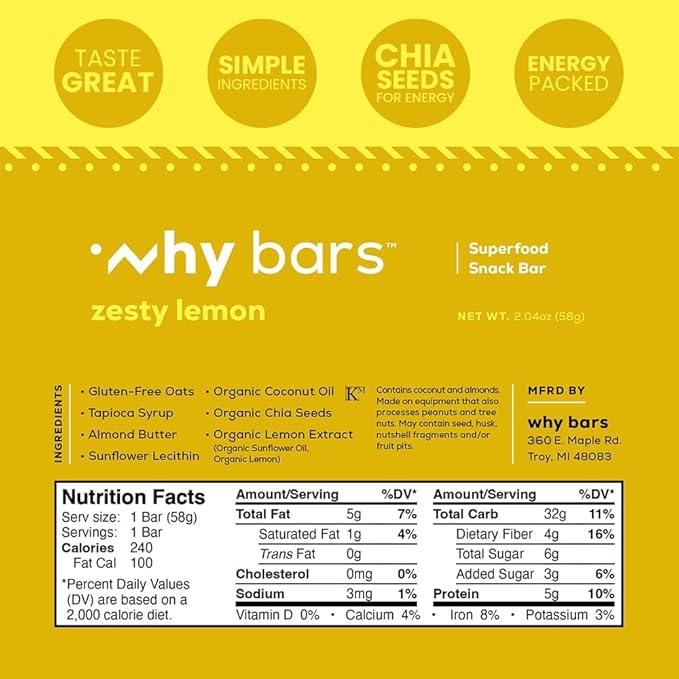 Why Bars, Superfood Protein Bars, 2.04 Ounce Bars - Protein Bar Superfood, Gluten Free, Non GMO, Organic, Vegan, Simple Ingredients (Zesty Lemon)