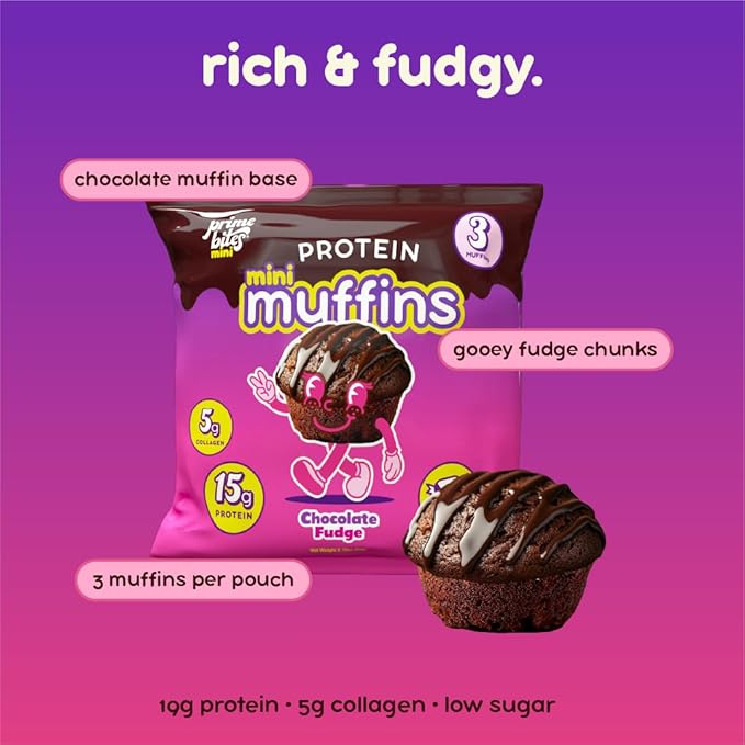 Prime Bites Minis - High Protein Muffin (12 Per Box, Chocolate Fudge) - 15g of Protein, 5g of Collagen, Gluten Free, Low Sugar Treat, Delicious Protein Snack