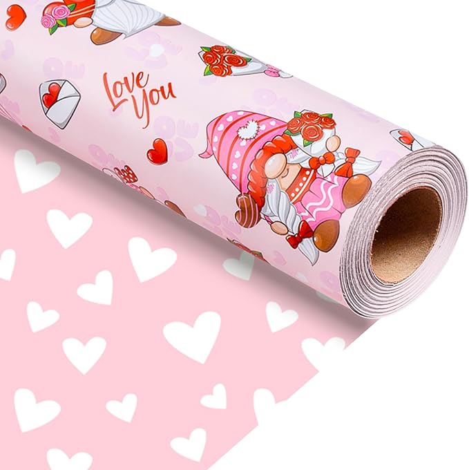 Homeral Pink Valentine's Day Wrapping Paper - Mini Roll - 17 Inch x 33 Feet - Bouquet Goblin and LOVE Balloon & Heart Reversible Gift Wrap for for Wedding, Anniversary, Bridal Shower, Birthday, Party